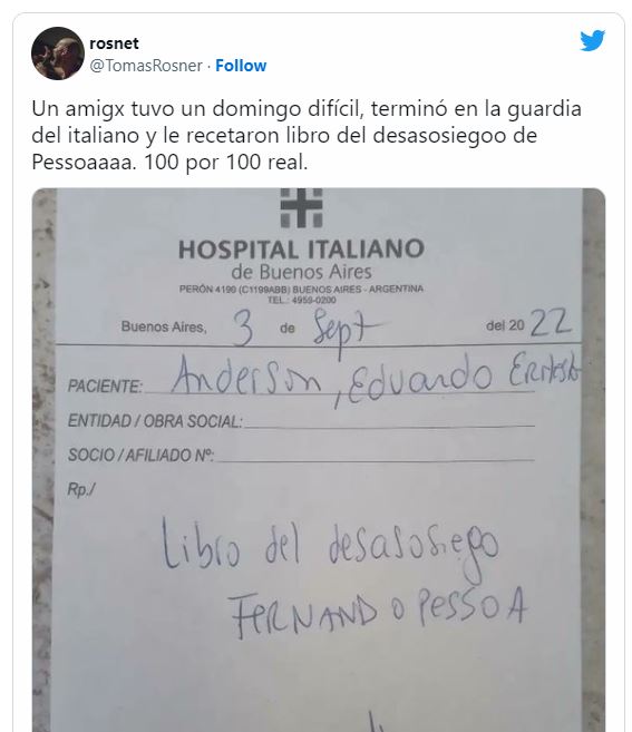 Insólita receta: fue al hospital Italiano y el médico 